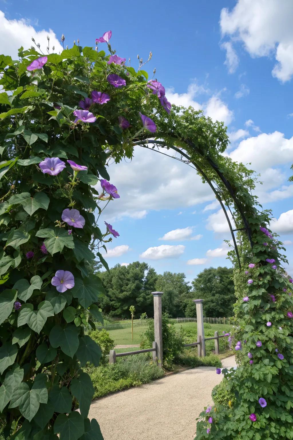 A stunning archway adorned with morning glory blooms.