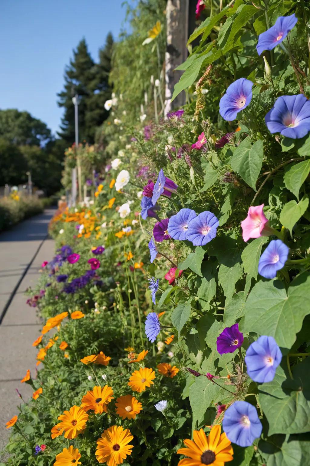 Morning glories paired with other sun-loving blooms.