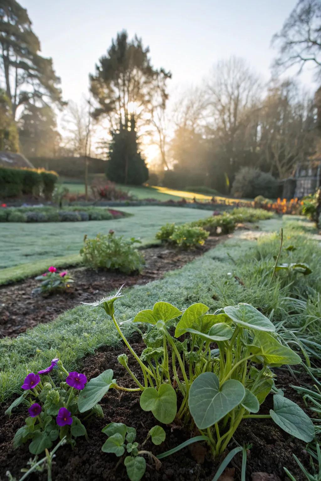 Morning glory seedlings emerging in a frost-free garden.