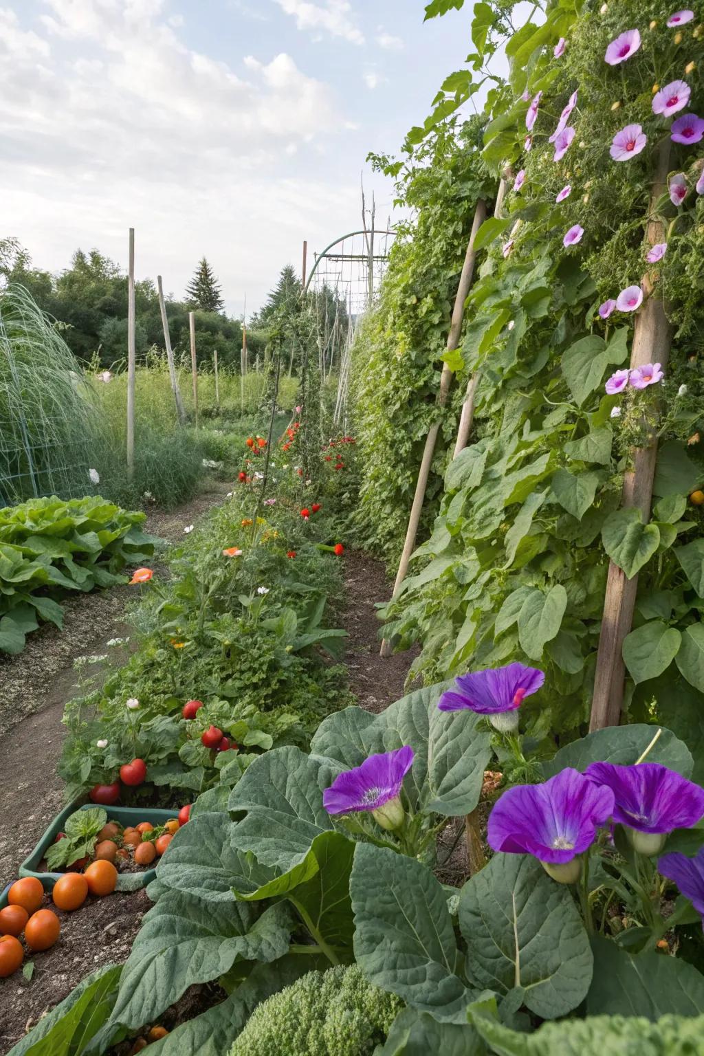Morning glories bring color to an edible garden.