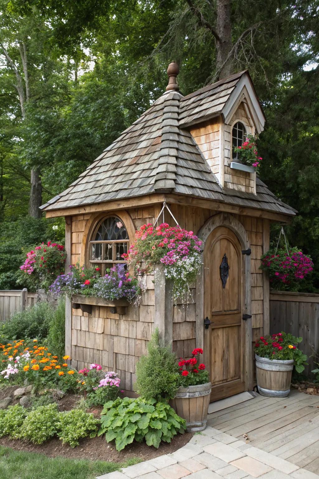 Enchanting cottage-style pump house with charming shingles and flower boxes