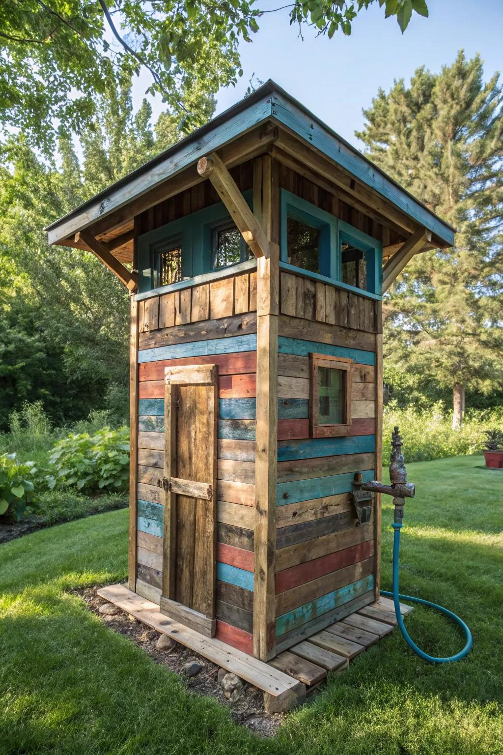 Eco-friendly well pump house crafted from repurposed wood and materials