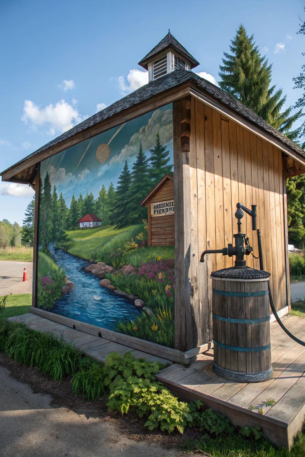 Vibrant mural painting on a well pump house exterior