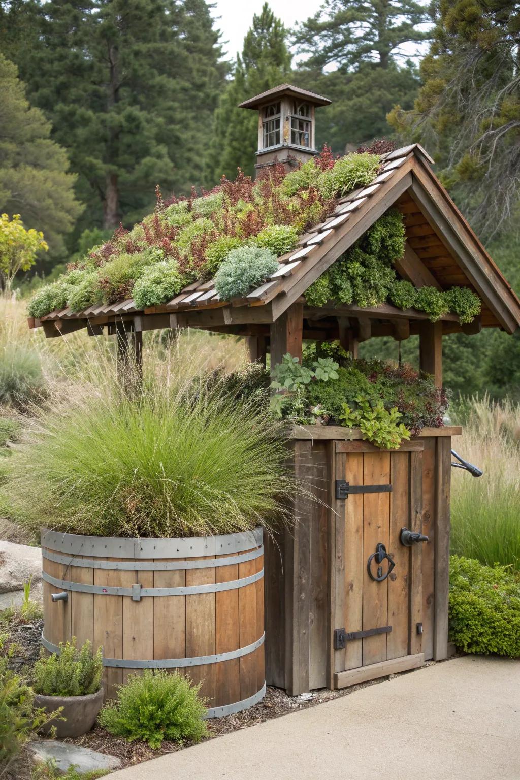 Pump house topped with a thriving green roof of succulents and grasses