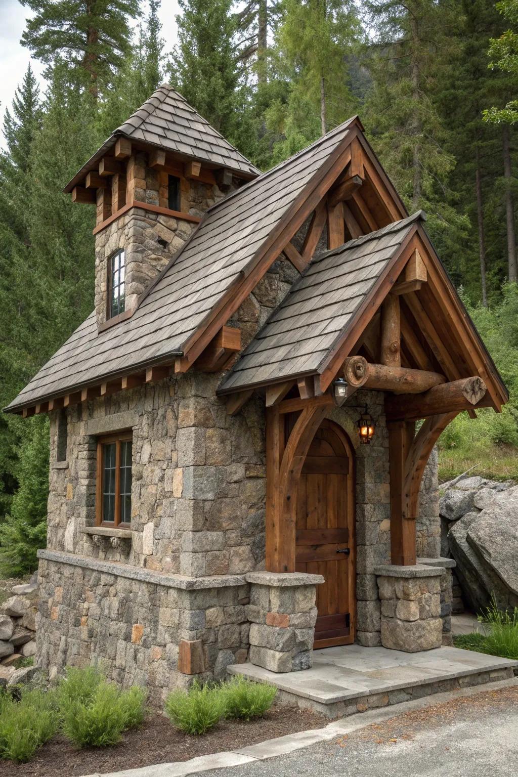 Rustic pump house blending natural wood and stone for a harmonious outdoor structure
