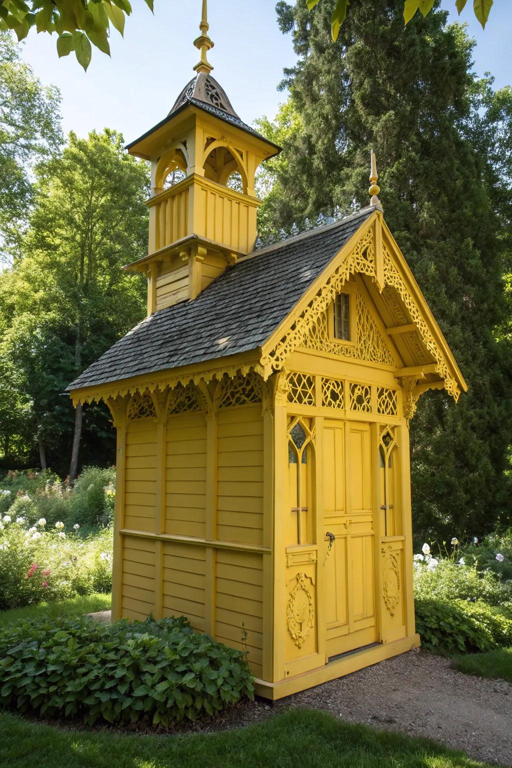 Brightly painted well pump house in cheerful yellow
