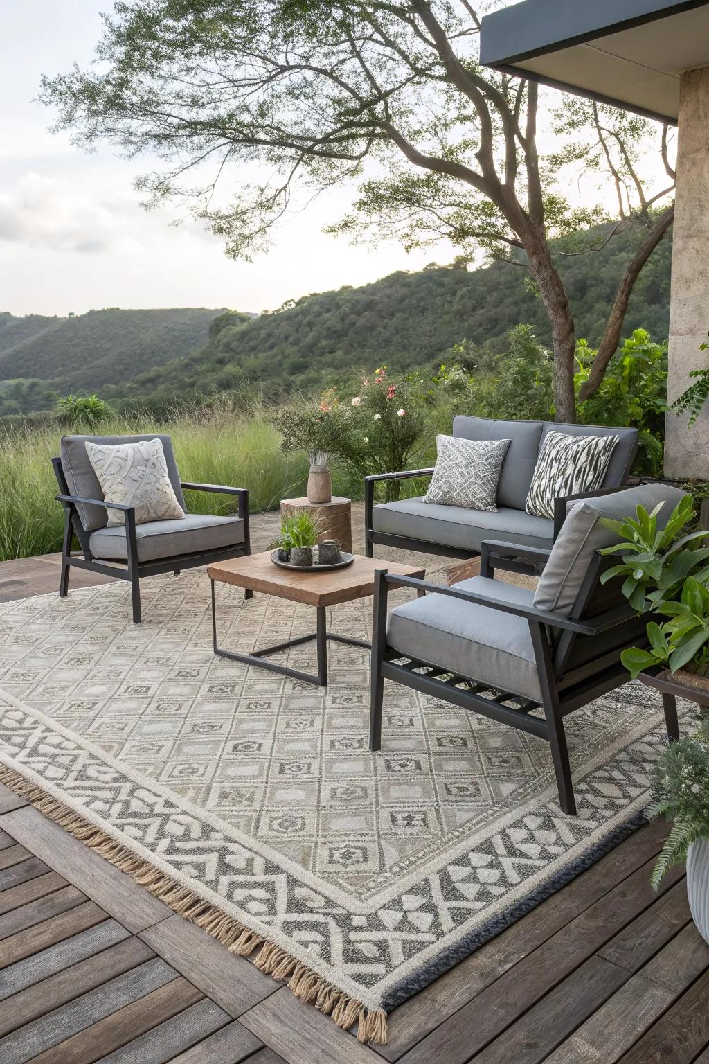 Add depth with textured outdoor rugs.
