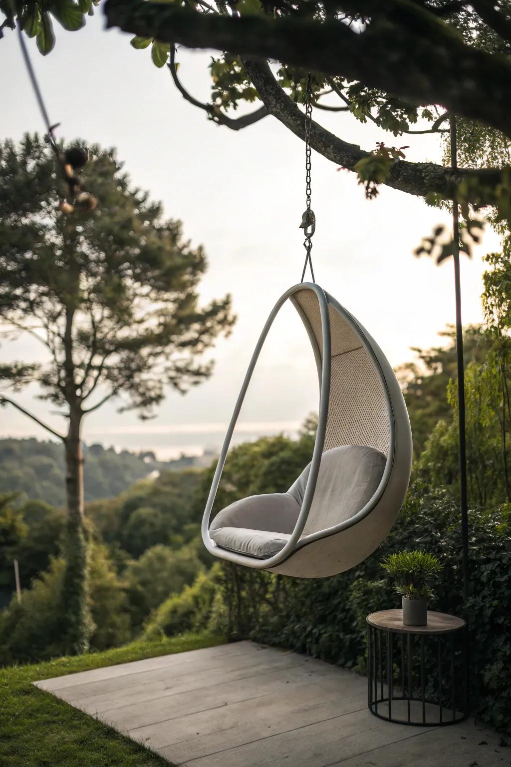 Hanging chairs add whimsy and comfort.