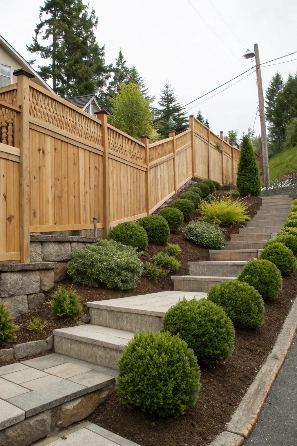 Stair-step fence designs offer a perfect blend of privacy and style.
