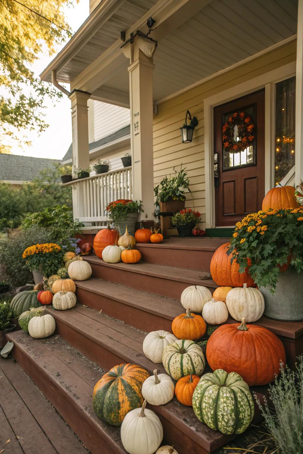 Pumpkins of different sizes create a welcoming cluster.