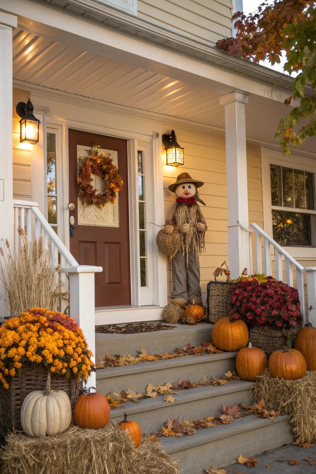 A scarecrow adds a playful seasonal touch.