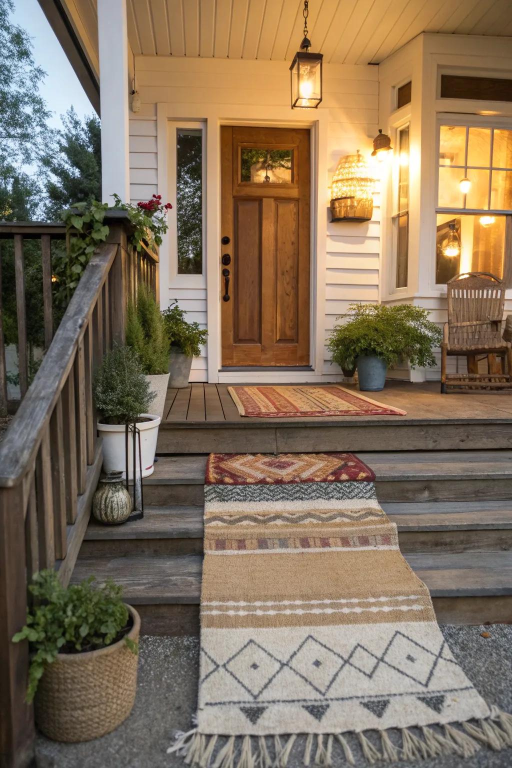 Layered rugs add warmth and depth to your porch.
