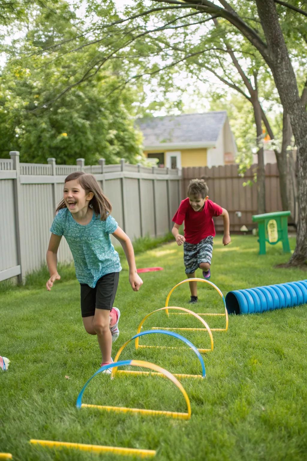 Kids enjoy an exciting homemade obstacle course.