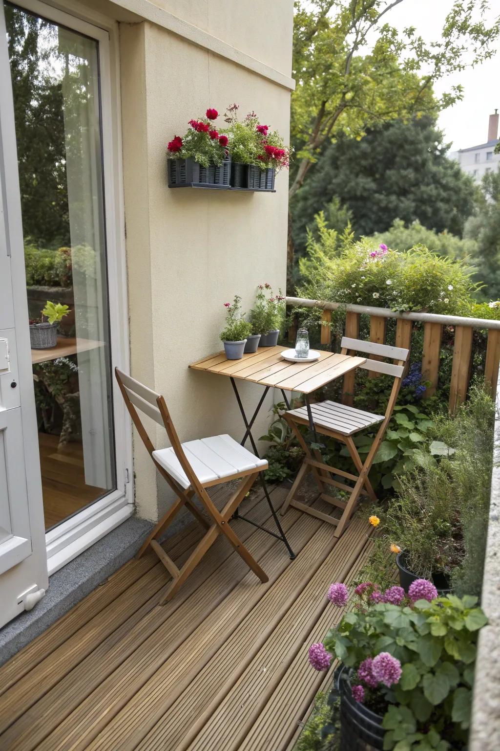 Wall-mounted tables provide dining space without clutter.