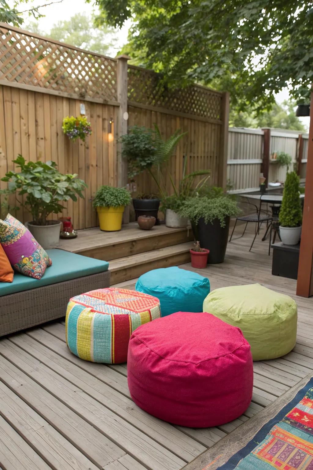 Poufs add color, comfort, and versatility to small decks.
