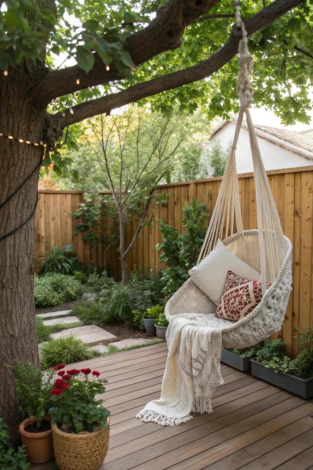 A hanging hammock chair adds a playful and relaxing element.