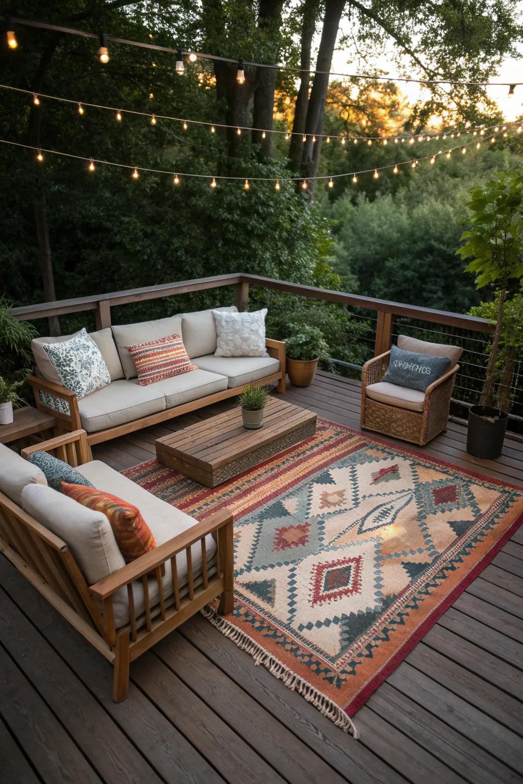 Outdoor rugs add color and help define your deck space.