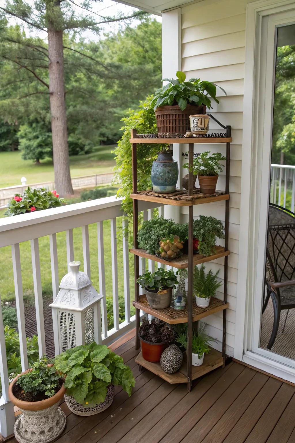 Corner shelves make use of vertical space for decor and storage.