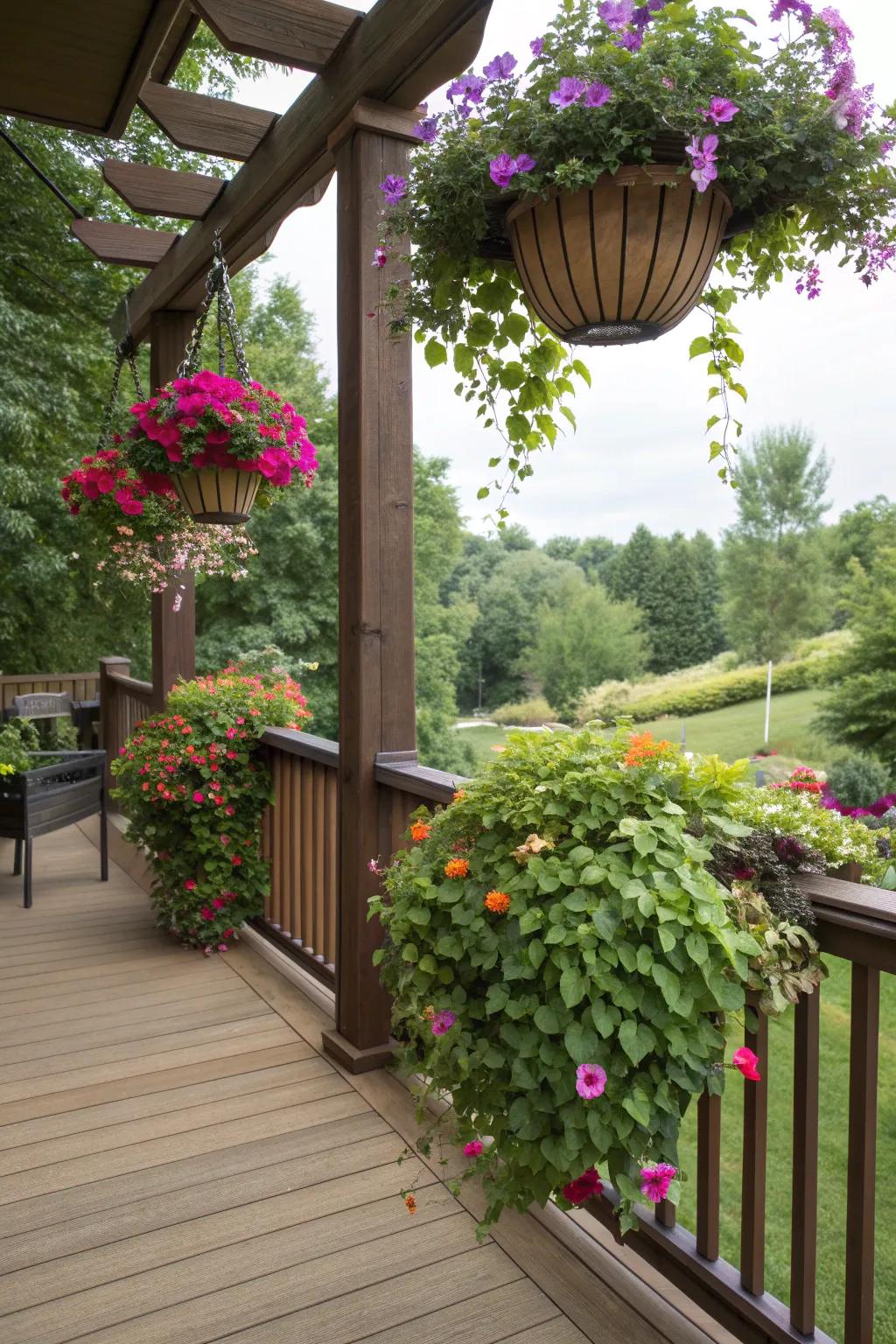 Hanging planters maximize greenery without taking floor space.