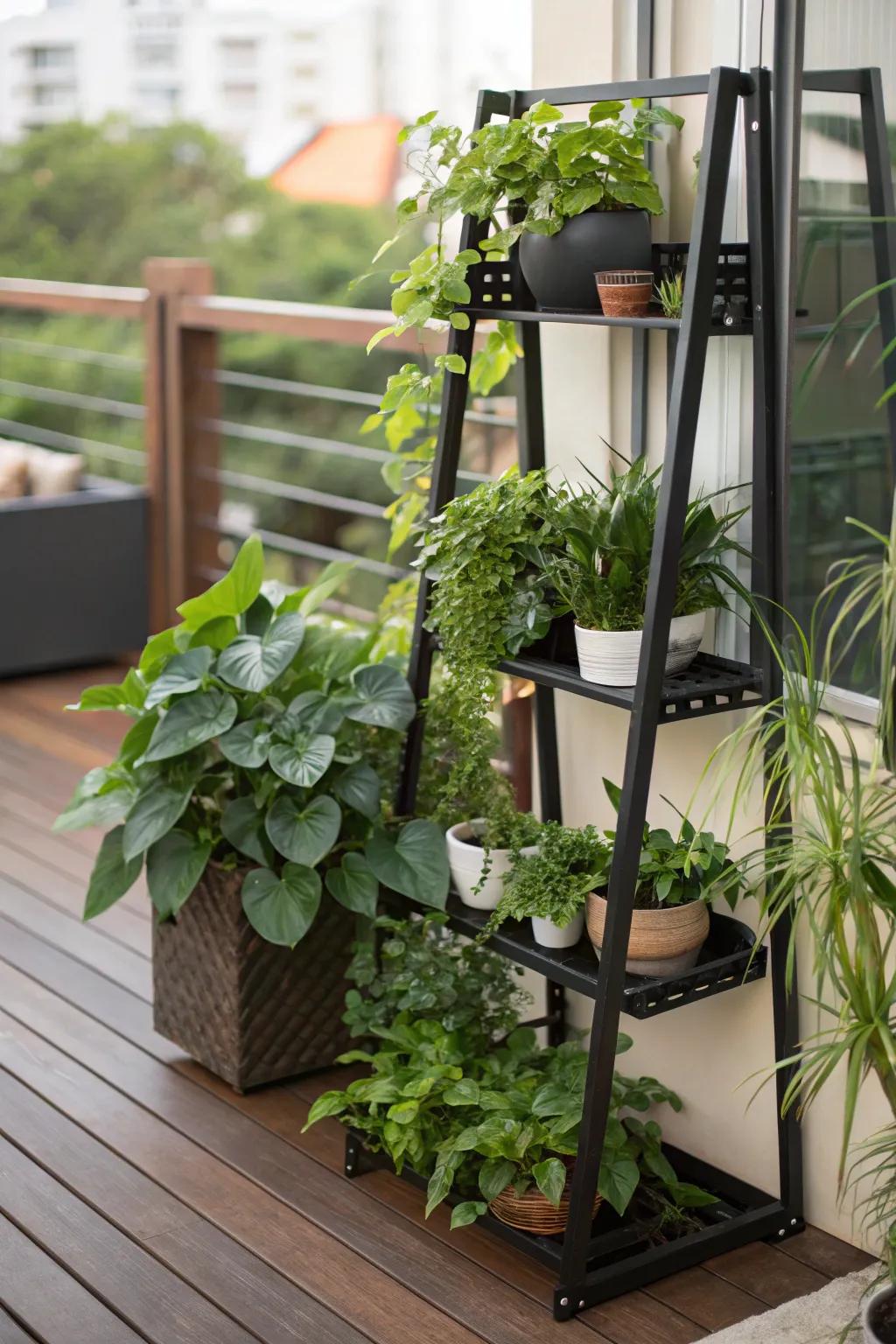 Vertical plant stands maximize greenery in minimal space.