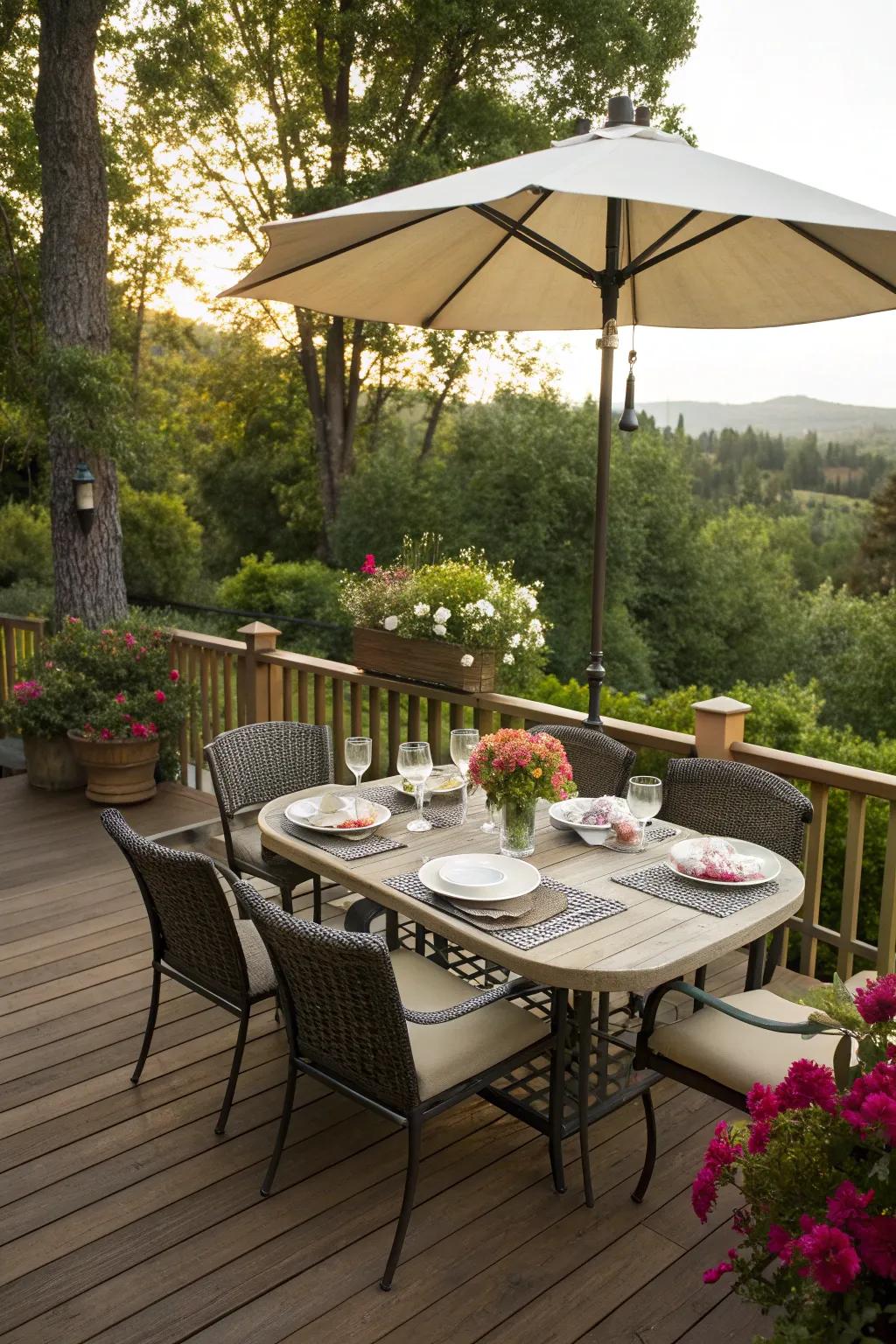 Enjoy meals outdoors with a well-set dining area.