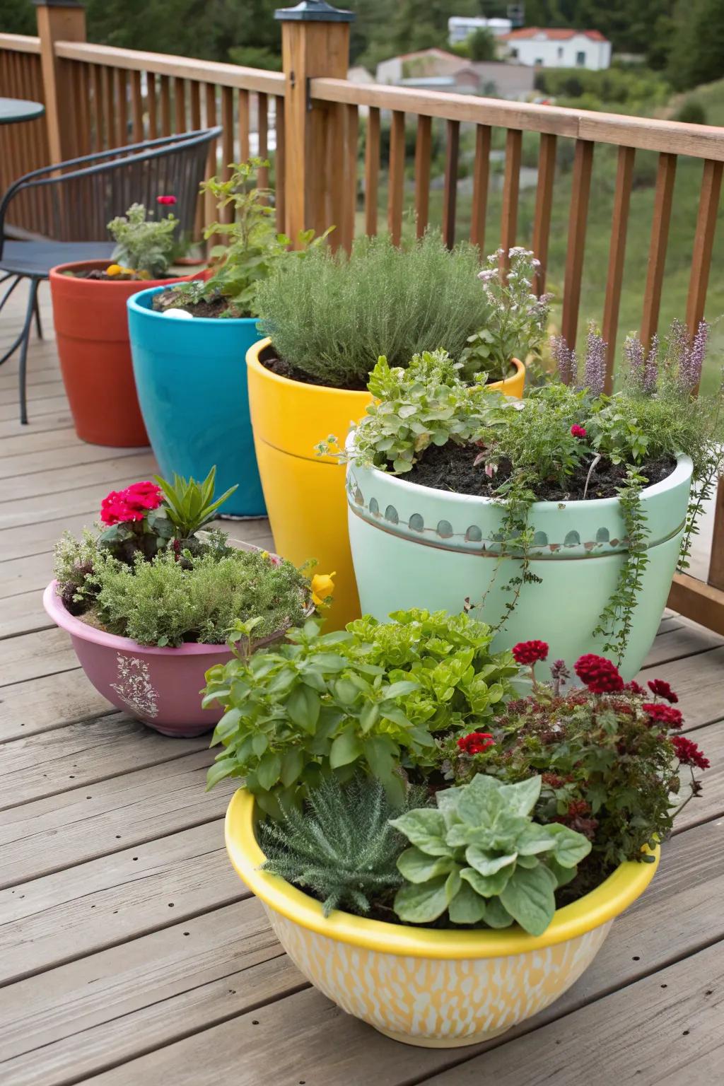 Creative containers add a personal touch to your deck garden.