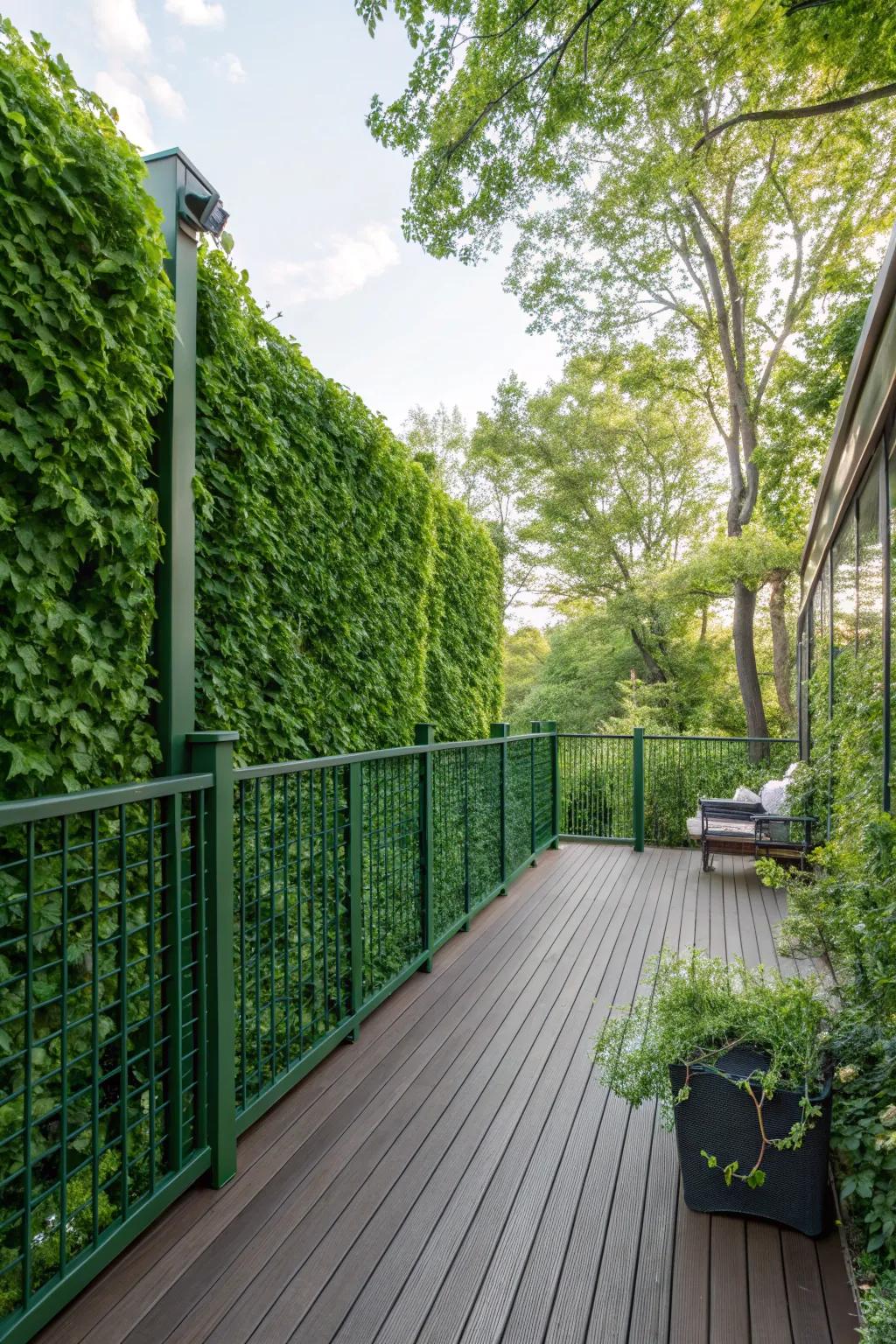 Green walls provide privacy and a lush backdrop.