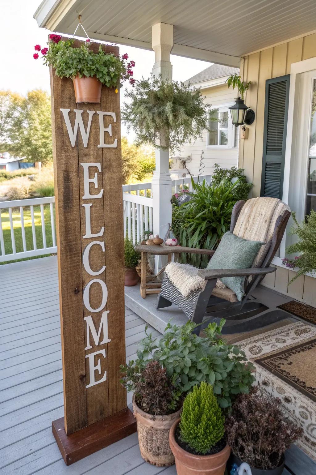 A welcoming porch with a bold welcome sign.