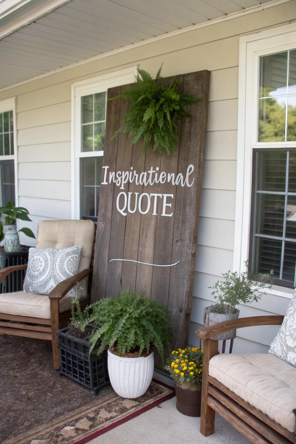 An inspirational porch board with an uplifting message.