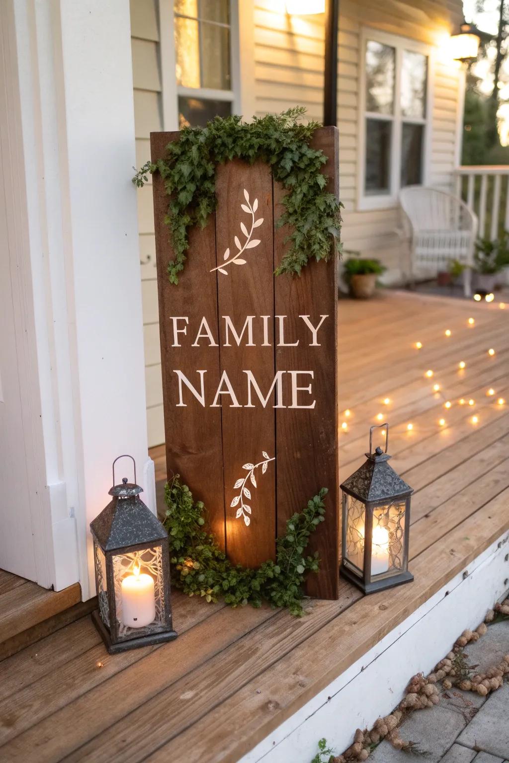 A personalized porch board with a family name.