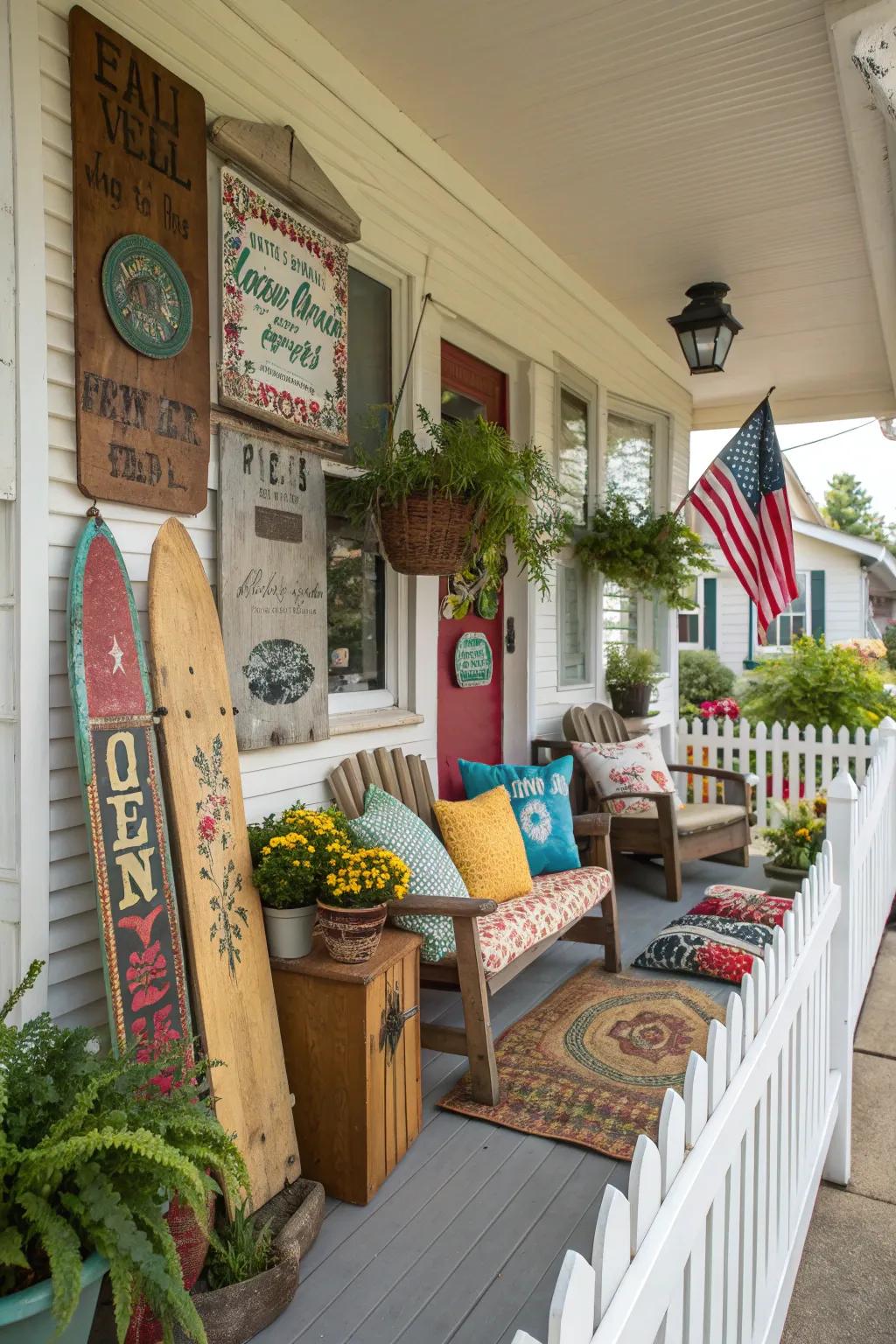 An eclectic mix of porch boards and decor.