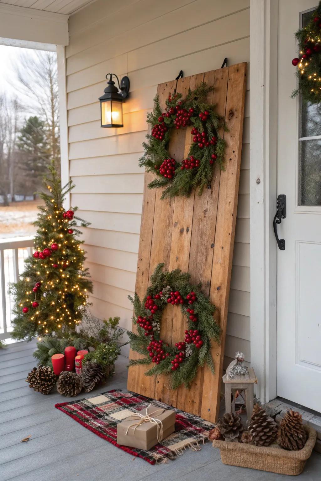 A porch board enhanced by a seasonal wreath.