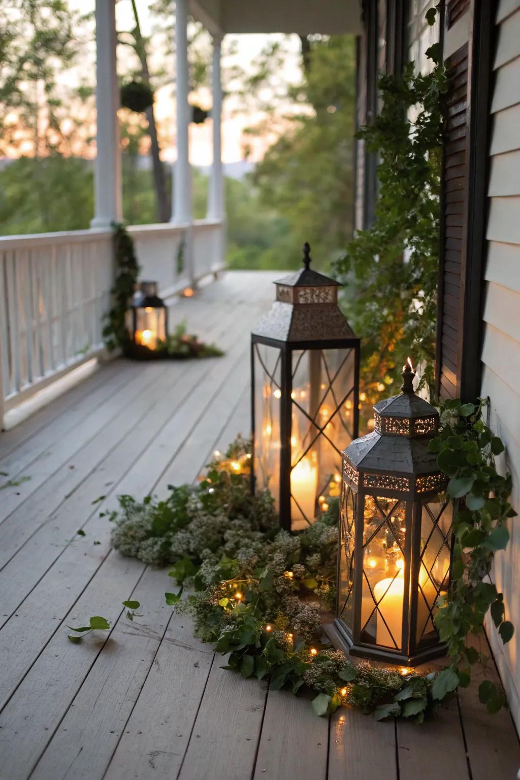 A porch board illuminated by decorative lanterns.