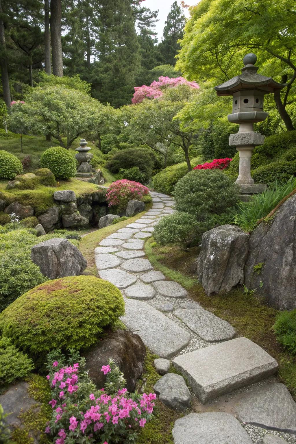 Organic stone borders enhance garden contours.