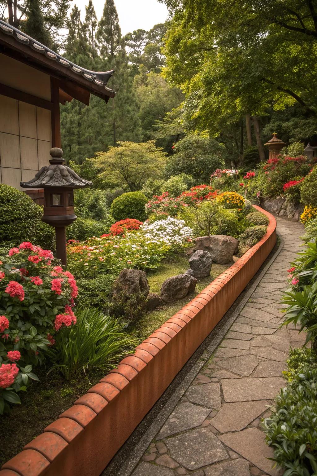 Terracotta edging adds warmth and a splash of color to this garden.