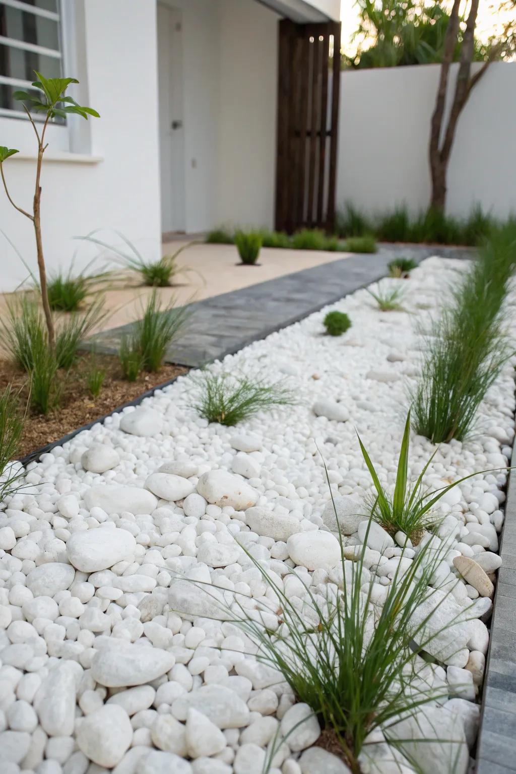 White pebbles offer a sleek alternative to traditional lawns.