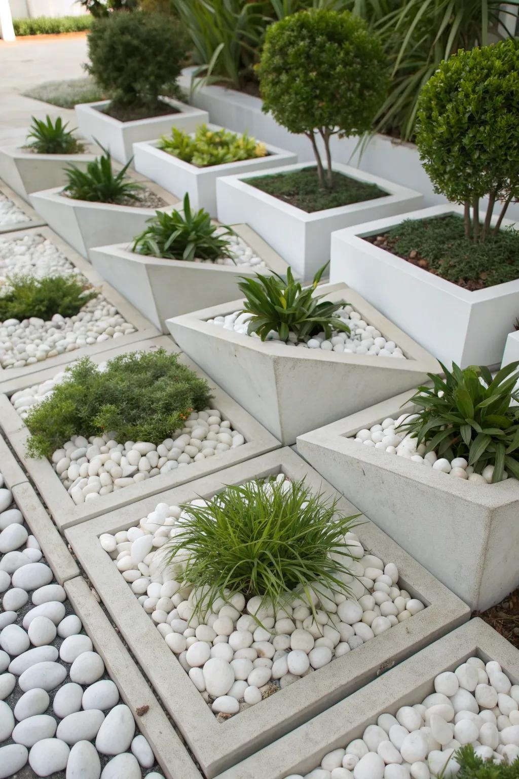 Geometric planters and white pebbles create a modern garden aesthetic.