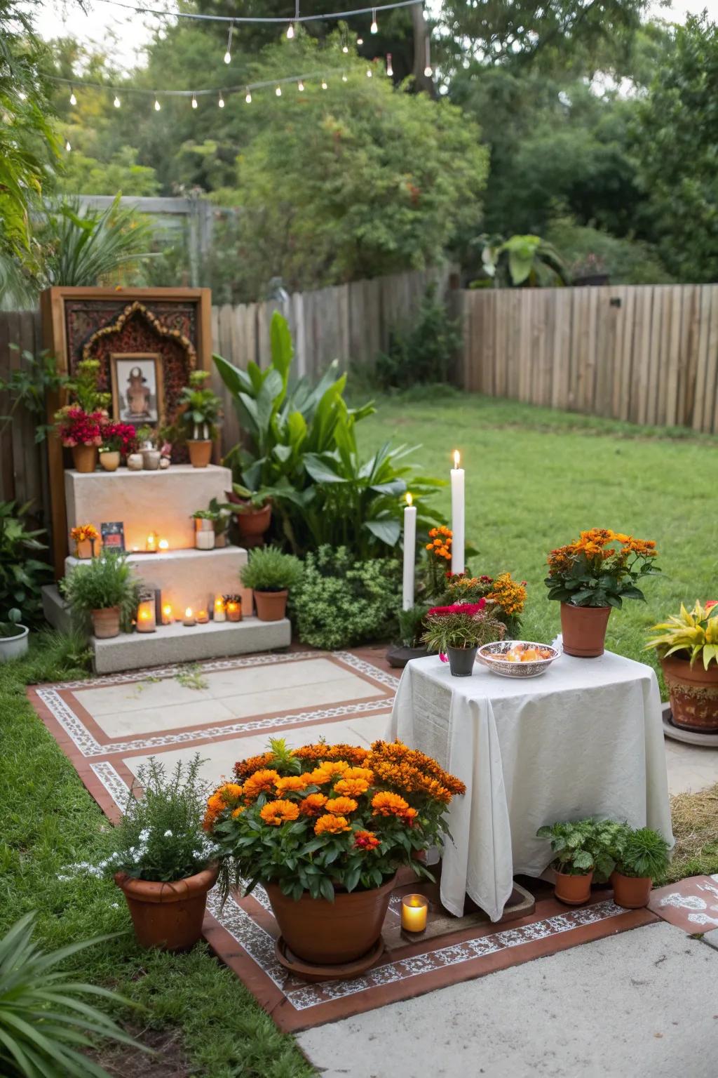 A versatile altar with an arrangement of potted plants.