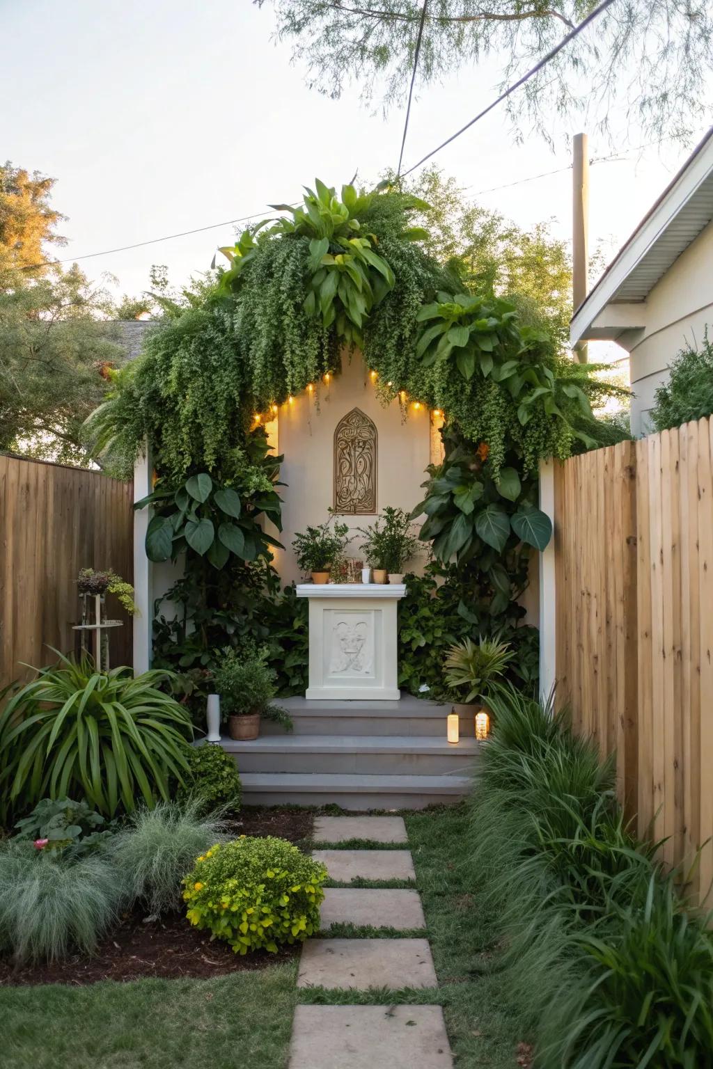 A living plant wall altar bursting with life.