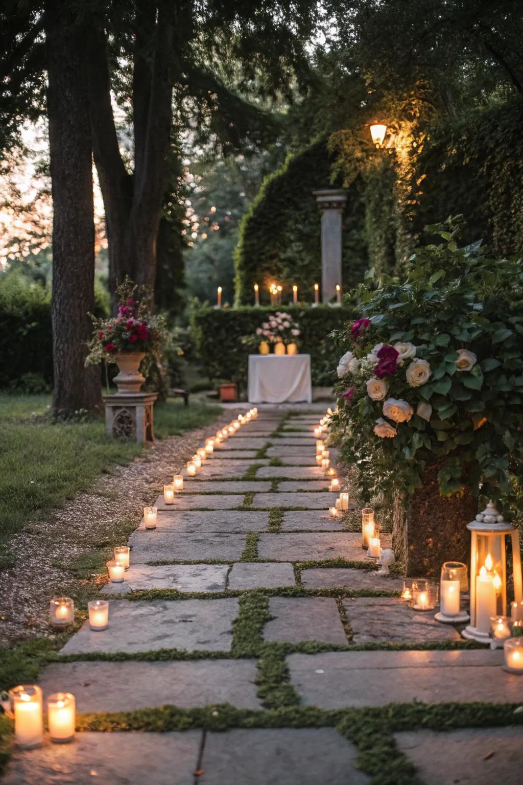 A warm and inviting candlelit pathway to the altar.