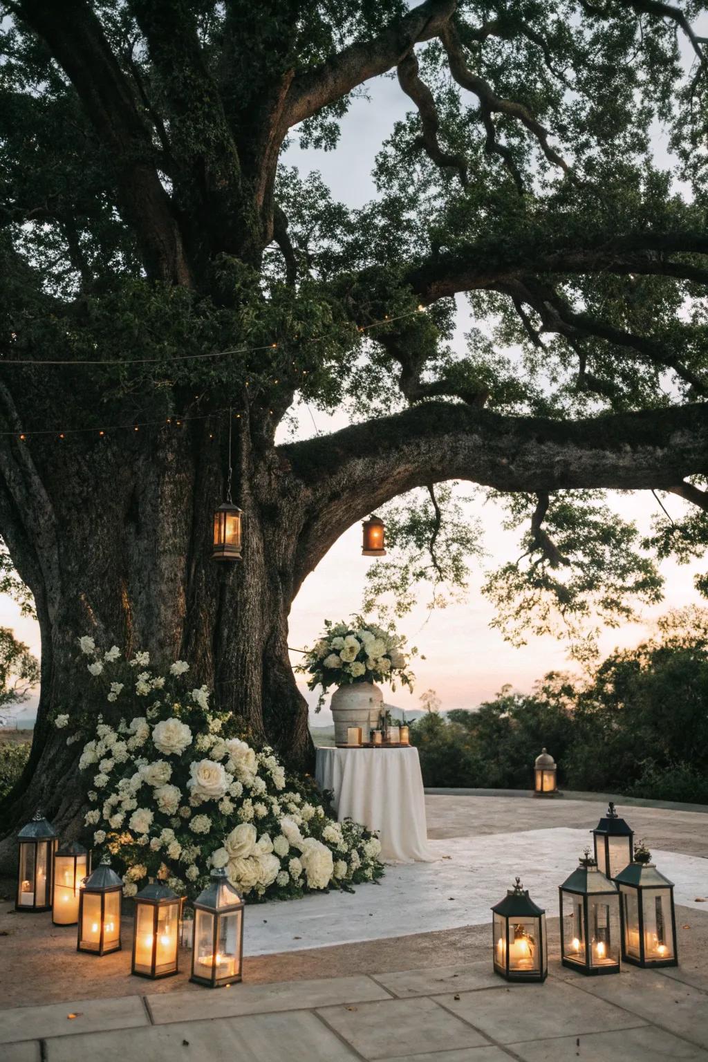 A tree-hugging altar setup with natural charm.