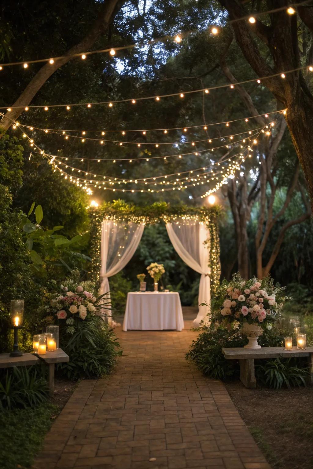 A magical fairy light canopy creating an enchanting altar.