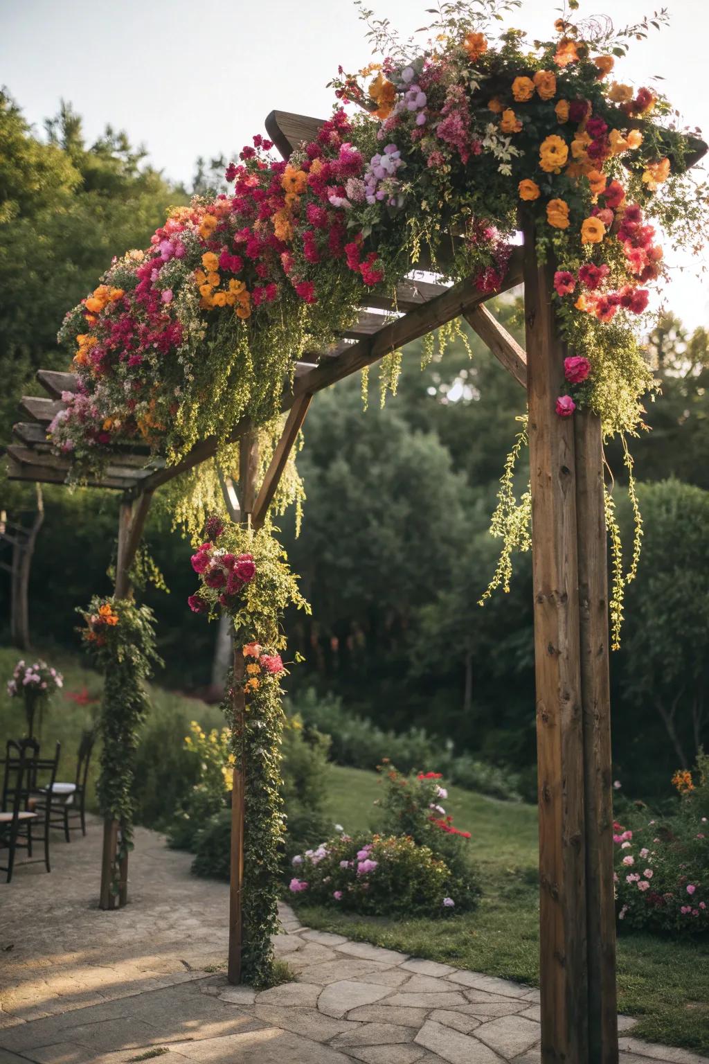 A breathtaking floral canopy altar in full bloom.