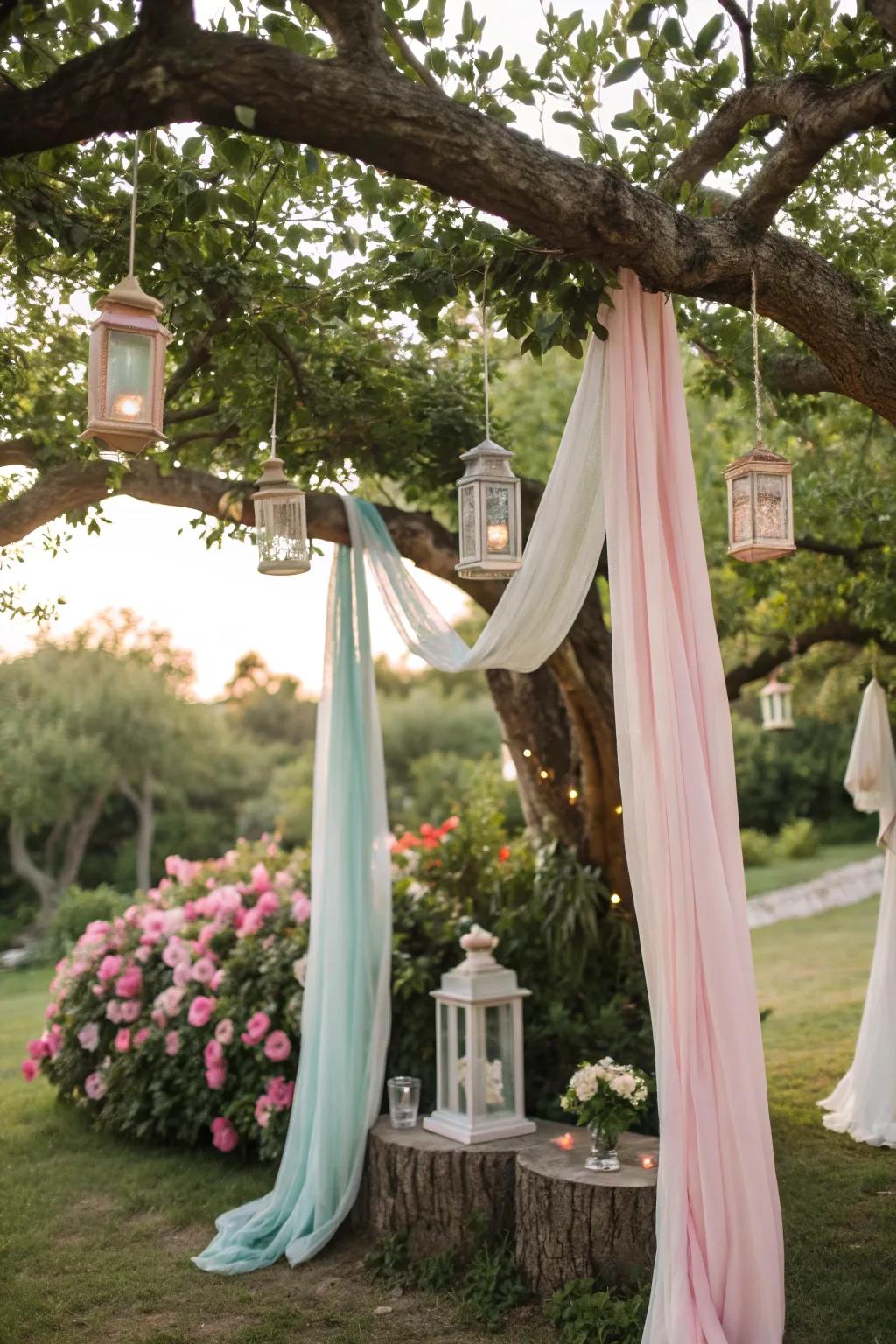 An ethereal altar with lanterns and draped fabrics.