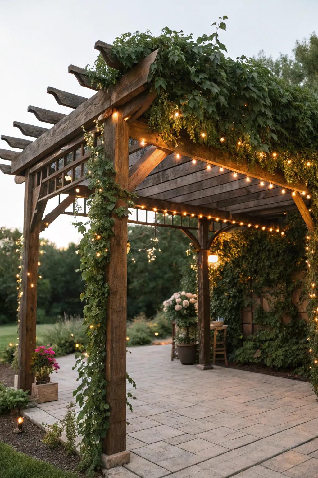A rustic wooden pergola altar with natural accents.