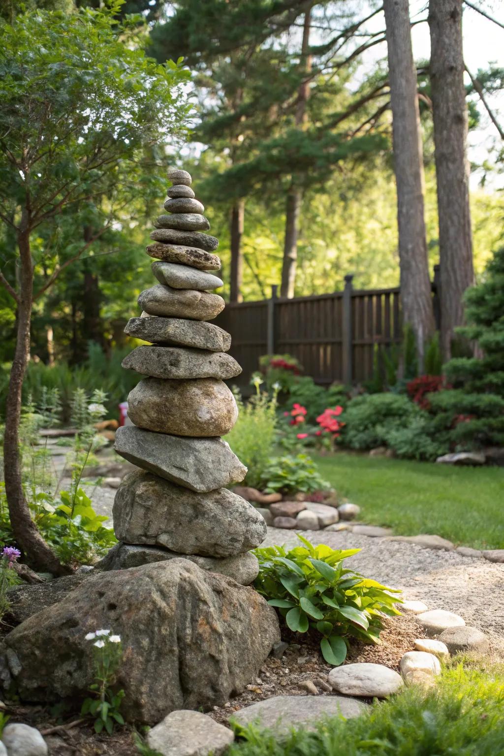 A simple stone cairn altar nestled amidst green foliage.
