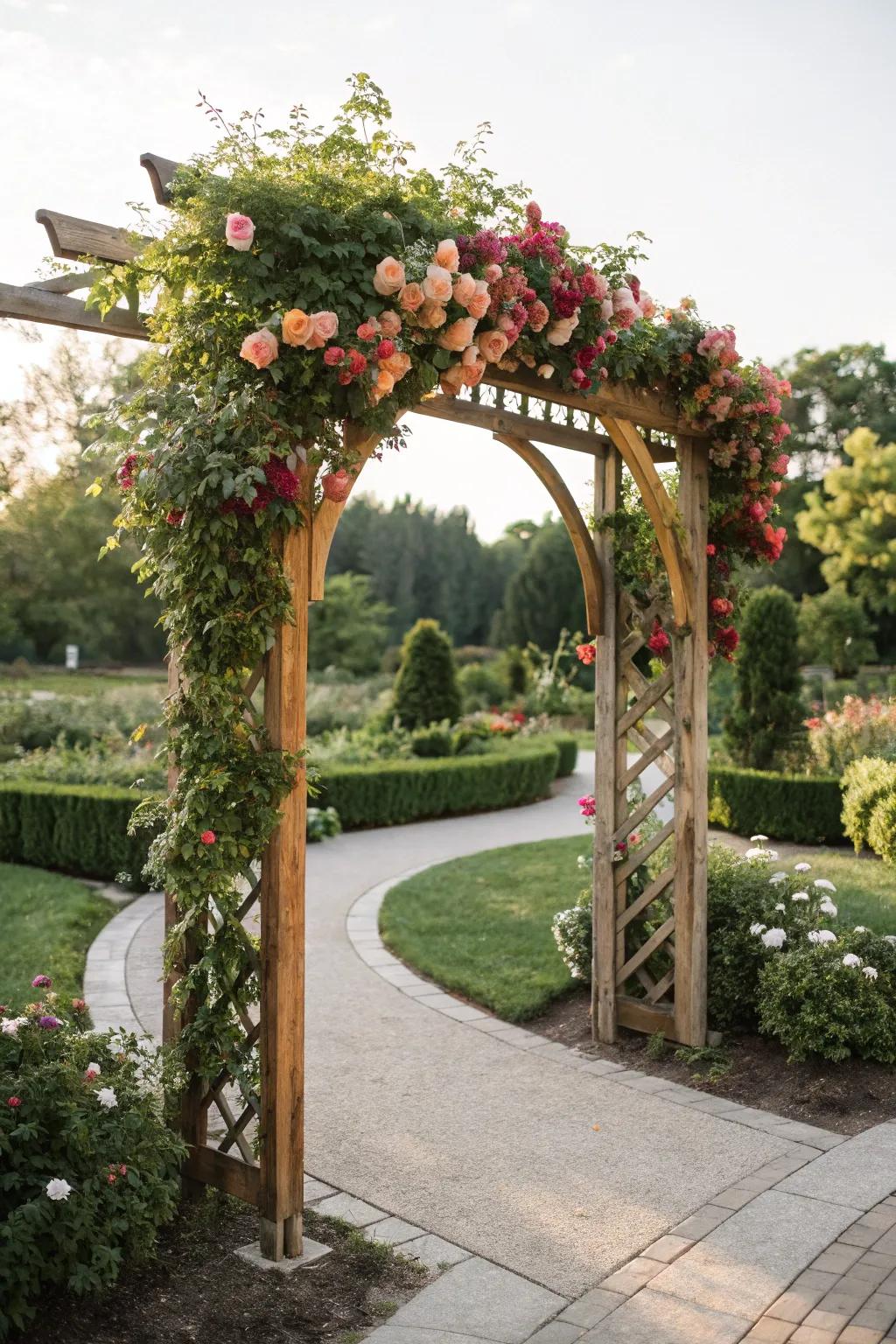 A wooden arch altar beautifully intertwined with greenery.