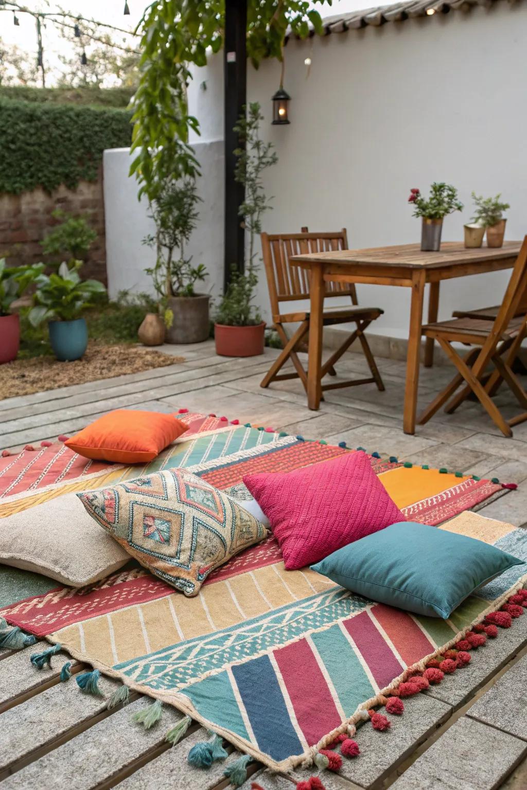 Use rugs and textiles to add color and comfort to your patio.