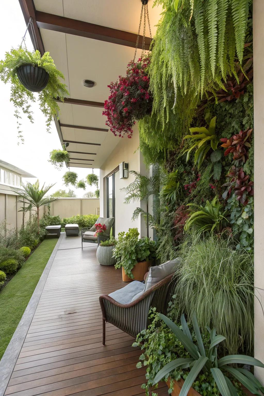 Hanging gardens bring lush greenery to compact patios.