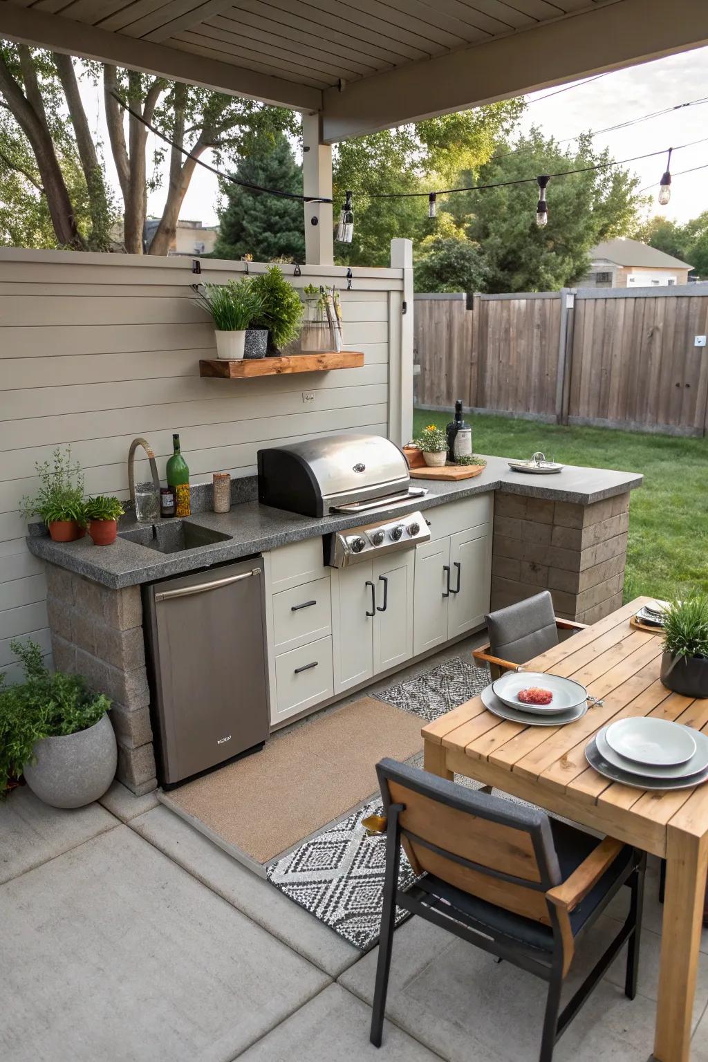 An outdoor kitchen setup makes for easy alfresco dining.